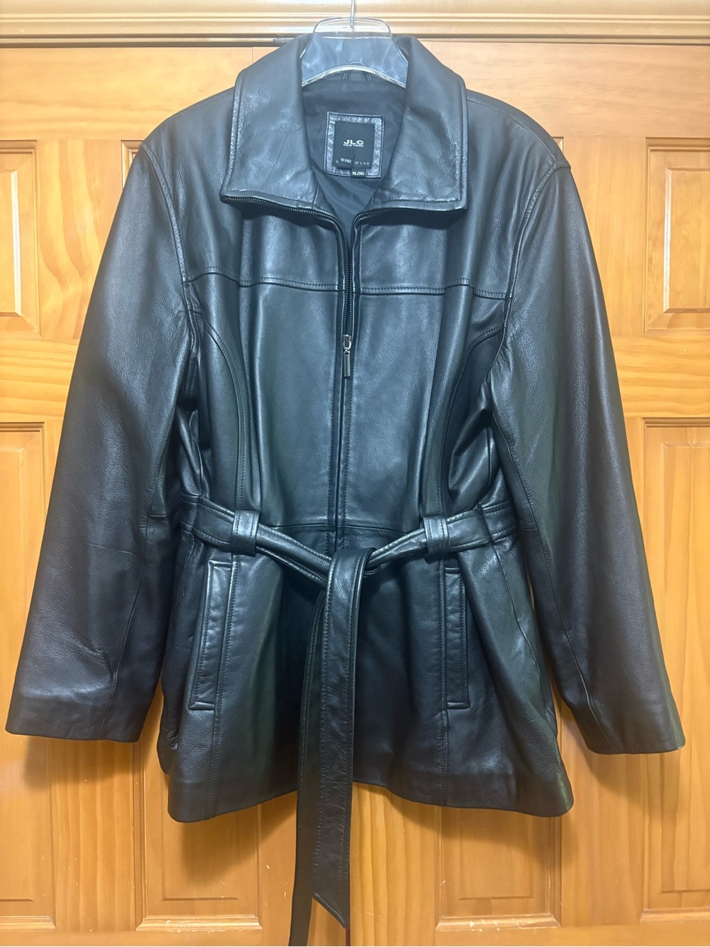 JLC New York Women's Black Leather Belted Jacket - Classic Zip Front Size XL EUC